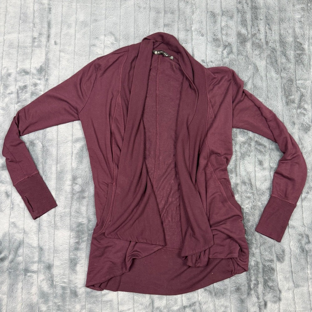 Athleta Pranayama Wrap Cardigan Burgundy Plum XS Thumbholes Open Front Pockets